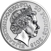 UK 20 Pounds Sir Winston Churchill 2015 KM# 1354 ELIZABETH II D G REG F D 20 POUNDS 2015 IRB coin obverse UK 20 Pounds Sir Winston Churchill 2015 KM# 1354 ELIZABETH II D G REG F D 20 POUNDS 2015 IRB coin obverse