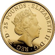 UK 25 Pounds Black Bull of Clarence 2018 Proof 25 POUNDS ELIZABETH II D G REG F D J.C coin obverse
