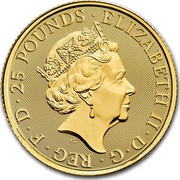 UK 25 Pounds Queen's Beasts - The Bull 2018 25 POUNDS ELIZABETH II D G REG F D J.C coin obverse UK 25 Pounds Queen's Beasts - The Bull 2018 25 POUNDS ELIZABETH II D G REG F D J.C coin obverse