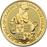 UK 25 Pounds Queen's Beasts - The Bull 2018 BLACK BULL OF CLARENCE 1/4OZ∙FINE GOLD∙999.9∙2018 JC coin reverse UK 25 Pounds Queen's Beasts - The Bull 2018 BLACK BULL OF CLARENCE 1/4OZ∙FINE GOLD∙999.9∙2018 JC coin reverse