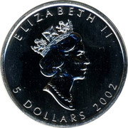 Canada 5 Dollars Green Maple leaf 2002 UNC ELIZABETH II 5 DOLLARS 2002 RDM coin obverse Canada 5 Dollars Green Maple leaf 2002 UNC ELIZABETH II 5 DOLLARS 2002 RDM coin obverse