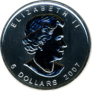 Canada 5 Dollars Green Maple Leaf 2007 UNC ELIZABETH II 5 DOLLARS 2007 SB coin obverse Canada 5 Dollars Green Maple Leaf 2007 UNC ELIZABETH II 5 DOLLARS 2007 SB coin obverse
