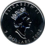 Canada 5 Dollars Orange Maple Leaf 2002 UNC ELIZABETH II 5 DOLLARS 2002 RDM coin obverse Canada 5 Dollars Orange Maple Leaf 2002 UNC ELIZABETH II 5 DOLLARS 2002 RDM coin obverse