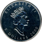Canada 5 Dollars Orange Maple Leaf (Fireworks privy) 2000 UNC ELIZABETH II 5 DOLLARS 2002 RDM coin obverse Canada 5 Dollars Orange Maple Leaf (Fireworks privy) 2000 UNC ELIZABETH II 5 DOLLARS 2002 RDM coin obverse