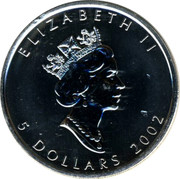 Canada 5 Dollars Red Maple Leaf 2002 UNC ELIZABETH II 5 DOLLARS 2002 RDM coin obverse Canada 5 Dollars Red Maple Leaf 2002 UNC ELIZABETH II 5 DOLLARS 2002 RDM coin obverse
