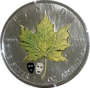 Canada 5 Dollars Yellow Canadian Maple Leaf. Colored 2007 Masques Privy CANADA FINE SILVER 1 OZ ARGENT PUR 9999 9999 coin reverse Canada 5 Dollars Yellow Canadian Maple Leaf. Colored 2007 Masques Privy CANADA FINE SILVER 1 OZ ARGENT PUR 9999 9999 coin reverse