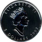 Canada 5 Dollars Yellow Maple Leaf 2002 UNC ELIZABETH II 5 DOLLARS 2002 RDM coin obverse Canada 5 Dollars Yellow Maple Leaf 2002 UNC ELIZABETH II 5 DOLLARS 2002 RDM coin obverse