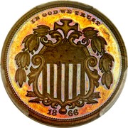 USA 5¢ Shield Nickel Pattern 1866 Judd 489 Nickel IN GOD WE TRUST 18 66 coin obverse USA 5¢ Shield Nickel Pattern 1866 Judd 489 Nickel IN GOD WE TRUST 18 66 coin obverse