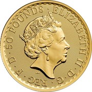UK 50 Pounds Britannia 2018 BU ∙ 50 POUNDS ∙ ELIZABETH II ∙ D ∙ G ∙ REG ∙ F ∙ D J.C coin obverse