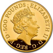 UK 500 Pounds Queen's Beast Bull 2018 500 POUNDS ELIZABETH II D G REG F D J.C coin obverse UK 500 Pounds Queen's Beast Bull 2018 500 POUNDS ELIZABETH II D G REG F D J.C coin obverse