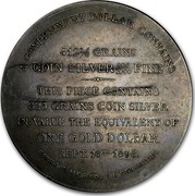 USA Dollar Bryan Silver 1896 A GOVERNMENT DOLLAR CONTAINS 412-1/2 GRAINS COIN SILVER 900/1000 FINE THIS PIECE CONTAINS COIN SILVER IN VALUE THE EQUIVALENT OF ONE GOLD DOLLAR SEPT. 16TH 1896. GORHAM MFG. CO., SILVERSMITHS coin reverse USA Dollar Bryan Silver 1896 A GOVERNMENT DOLLAR CONTAINS 412-1/2 GRAINS COIN SILVER 900/1000 FINE THIS PIECE CONTAINS COIN SILVER IN VALUE THE EQUIVALENT OF ONE GOLD DOLLAR SEPT. 16TH 1896. GORHAM MFG. CO., SILVERSMITHS coin reverse