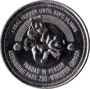 Canada Dollar Pandas at the Assiniboine Park Zoo - Winnipeg Souvenir 1989 UNC LEGAL TENDER UNTIL SEPT. 13, 1989  PANDAS IN PERSON ASSINIBOINE PARK ZOO - WINNIPEG - CANADA coin obverse Canada Dollar Pandas at the Assiniboine Park Zoo - Winnipeg Souvenir 1989 UNC LEGAL TENDER UNTIL SEPT. 13, 1989  PANDAS IN PERSON ASSINIBOINE PARK ZOO - WINNIPEG - CANADA coin obverse