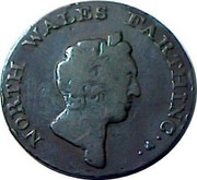 UK Farthing North Wales 1793 triangular stop (trefoil) between dots after legend NORTH WALES FARTHING coin obverse UK Farthing North Wales 1793 triangular stop (trefoil) between dots after legend NORTH WALES FARTHING coin obverse