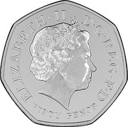 UK Fifty Pence (Commonwealth Games) KM# 1311 ELIZABETH∙II D∙G∙REG∙F∙D IRB FIFTY PENCE coin obverse UK Fifty Pence (Commonwealth Games) KM# 1311 ELIZABETH∙II D∙G∙REG∙F∙D IRB FIFTY PENCE coin obverse