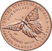 USA Five Dollars Breast Cancer Awareness 2018 W ∙UNITED STATES OF AMERICA∙ FIVE DOLLARS E PLURIBUS UNUM BREAST CANCER AWARENESS coin reverse
