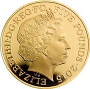 UK Five Pounds 50th Anniversary of the death of Sir Winston Churchill 2015 Proof ELIZABETH II D G REG F D FIVE POUNDS 2015 IRB coin obverse UK Five Pounds 50th Anniversary of the death of Sir Winston Churchill 2015 Proof ELIZABETH II D G REG F D FIVE POUNDS 2015 IRB coin obverse