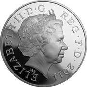 UK Five Pounds Buckingham Palace 2014 Proof KM# 1323 ELIZABETH∙II∙D∙G REG∙F∙D∙2014 IRB coin obverse UK Five Pounds Buckingham Palace 2014 Proof KM# 1323 ELIZABETH∙II∙D∙G REG∙F∙D∙2014 IRB coin obverse