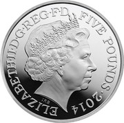 UK Five Pounds Howitzer Gun 2014 Proof KM# 1321 ELIZABETH∙II∙D∙G REG∙F∙D FIVE POUNDS∙2014 IRB coin obverse UK Five Pounds Howitzer Gun 2014 Proof KM# 1321 ELIZABETH∙II∙D∙G REG∙F∙D FIVE POUNDS∙2014 IRB coin obverse