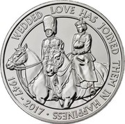 UK Five Pounds Platinum Wedding Anniversary 2017 WEDDED LOVE HAS JOINED THEM IN HAPPINESS 1947 - 2017 JB coin reverse UK Five Pounds Platinum Wedding Anniversary 2017 WEDDED LOVE HAS JOINED THEM IN HAPPINESS 1947 - 2017 JB coin reverse