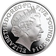 UK Five Pounds Prince George's 1st Birthday 2014 ELIZABETH∙II D∙G∙REG∙F∙D FIVE POUNDS IRB coin obverse UK Five Pounds Prince George's 1st Birthday 2014 ELIZABETH∙II D∙G∙REG∙F∙D FIVE POUNDS IRB coin obverse