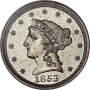 USA One Cent Pattern 1853 Proof LIBERTY 1853 coin obverse USA One Cent Pattern 1853 Proof LIBERTY 1853 coin obverse