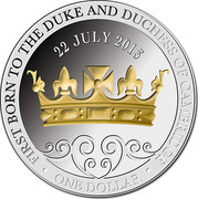 New Zealand One Dollar Birth of Prince George 2013 Proof FIRST BORN TO THE DUKE AND DUCHESS OF CAMBRIDGE 22 JULY 2013 ∙ ONE DOLLAR ∙ coin reverse New Zealand One Dollar Birth of Prince George 2013 Proof FIRST BORN TO THE DUKE AND DUCHESS OF CAMBRIDGE 22 JULY 2013 ∙ ONE DOLLAR ∙ coin reverse
