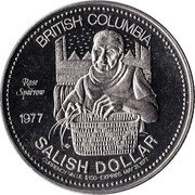 Canada Salish Dollar Indian Heritage Series I 1977 UNC BRITISH COLUMBIA ROSE SPARROW 1977 SALISH DOLLAR CURRENCY VALUE $1.00 - EXPIRES MAY 31, 1977 coin reverse Canada Salish Dollar Indian Heritage Series I 1977 UNC BRITISH COLUMBIA ROSE SPARROW 1977 SALISH DOLLAR CURRENCY VALUE $1.00 - EXPIRES MAY 31, 1977 coin reverse