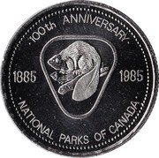 Canada Souvenir Dollar 100th Anniversary National Parks of Canada 1985 100th ANNIVERSARY 1885 1985 NATIONAL PARKS OF CANADA coin obverse Canada Souvenir Dollar 100th Anniversary National Parks of Canada 1985 100th ANNIVERSARY 1885 1985 NATIONAL PARKS OF CANADA coin obverse