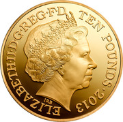 UK Ten Pounds 60th Anniversary of Coronation 2013 KM# 1264b ELIZABETH II∙D∙G∙REG∙F∙D TEN POUNDS∙2013 IRB coin obverse UK Ten Pounds 60th Anniversary of Coronation 2013 KM# 1264b ELIZABETH II∙D∙G∙REG∙F∙D TEN POUNDS∙2013 IRB coin obverse