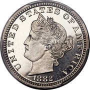 USA V V Pattern 1882 Judd# 1684 Nickel KM# Pn1765 UNITED STATES OF AMERICA LIBERTY 1882 coin obverse USA V V Pattern 1882 Judd# 1684 Nickel KM# Pn1765 UNITED STATES OF AMERICA LIBERTY 1882 coin obverse