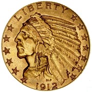 USA Five Dollars Indian Head 1912 KM# 129 LIBERTY coin obverse USA Five Dollars Indian Head 1912 KM# 129 LIBERTY coin obverse