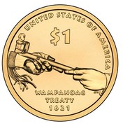 USA $1 1 Dollar Wampanoag Treaty 2011 P KM# 503 UNITED STATES OF AMERICA WAMPANOAG TREATY 1621 $1 coin reverse USA $1 1 Dollar Wampanoag Treaty 2011 P KM# 503 UNITED STATES OF AMERICA WAMPANOAG TREATY 1621 $1 coin reverse