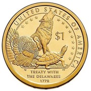 USA $1 Sacagawea Dollar 2013 P KM# 551 UNITED STATES OF AMERICA TREATY WITH THE DELAWARES 1778 $1 coin reverse USA $1 Sacagawea Dollar 2013 P KM# 551 UNITED STATES OF AMERICA TREATY WITH THE DELAWARES 1778 $1 coin reverse