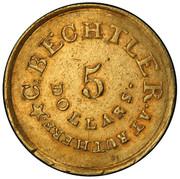 USA 5 Dollars C. Bechtler ND (1831-1842) KM# 95 C. BECHTLER. AT RUTHERF 5 DOLLARS coin obverse USA 5 Dollars C. Bechtler ND (1831-1842) KM# 95 C. BECHTLER. AT RUTHERF 5 DOLLARS coin obverse