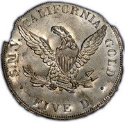 USA Five D. 1850 KM# 26 Dubosq & Company S.M.V. CALIFOARNIA GOLD FIVE D. coin reverse USA Five D. 1850 KM# 26 Dubosq & Company S.M.V. CALIFOARNIA GOLD FIVE D. coin reverse
