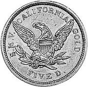 USA Five D. 1851 KM# 28 Dunbar & Company S.M.V. CALIFORNIA GOLD. FIVE D. coin reverse USA Five D. 1851 KM# 28 Dunbar & Company S.M.V. CALIFORNIA GOLD. FIVE D. coin reverse