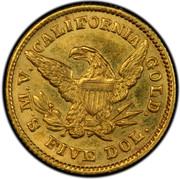 USA Five Dol. 1850 KM# 37.5 Moffat & Company S.M.V. CALIFORNIA GOLD FIVE DOL. coin reverse USA Five Dol. 1850 KM# 37.5 Moffat & Company S.M.V. CALIFORNIA GOLD FIVE DOL. coin reverse