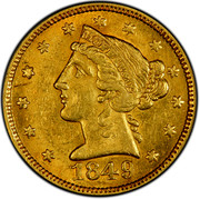 USA Five Dol. Liberty Head 1849 KM# 37.3 MOFFAT & CO coin obverse