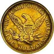 USA Five Dollars 1852 KM# 56 Wass, Molitor & Company ∙ IN CALIFORNIA GOLD ∙ FIVE DOLLARS coin reverse USA Five Dollars 1852 KM# 56 Wass, Molitor & Company ∙ IN CALIFORNIA GOLD ∙ FIVE DOLLARS coin reverse