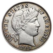 USA One Dime Barber 1908 D KM# 113 UNITED STATES OF AMERICA coin obverse USA One Dime Barber 1908 D KM# 113 UNITED STATES OF AMERICA coin obverse
