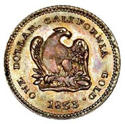 USA One Dollar Round 1853 KM# 15.1 ONE DOLLAR CALIFORNIA GOLD coin reverse USA One Dollar Round 1853 KM# 15.1 ONE DOLLAR CALIFORNIA GOLD coin reverse