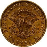 USA Twenty D. 1854 KM# 33.1 Kellogg & Company SAN FRANCISCO CALIFORNIA TWENTY D. coin reverse USA Twenty D. 1854 KM# 33.1 Kellogg & Company SAN FRANCISCO CALIFORNIA TWENTY D. coin reverse