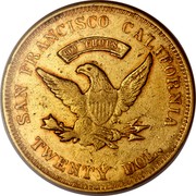 USA Twenty Dol. 1855 KM# 60 Wass, Molitor & Company SAN FRANCISCO CALIFORNIA TWENTY DOL. 900 THOUS coin reverse USA Twenty Dol. 1855 KM# 60 Wass, Molitor & Company SAN FRANCISCO CALIFORNIA TWENTY DOL. 900 THOUS coin reverse