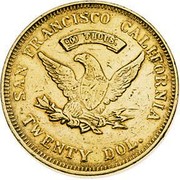 USA Twenty Dol. Wass Molitor California Gold (Small Head) 1855 KM# 61 SAN FRANCISCO CALIFORNIA TWENTY DOL. 900 THOUS coin reverse USA Twenty Dol. Wass Molitor California Gold (Small Head) 1855 KM# 61 SAN FRANCISCO CALIFORNIA TWENTY DOL. 900 THOUS coin reverse