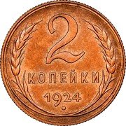 Russia 2 Kopeks 7 ribbons 1924 Plain edge Y# 77 2 КОПЕЙКИ *YEAR* coin reverse Russia 2 Kopeks 7 ribbons 1924 Plain edge Y# 77 2 КОПЕЙКИ *YEAR* coin reverse