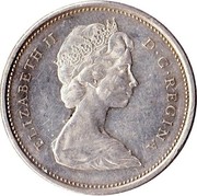 Canada 25 Cents Elizabeth II 2nd portrait 1965 KM# 62 ELIZABETH II D ∙ G ∙ REGINA coin obverse Canada 25 Cents Elizabeth II 2nd portrait 1965 KM# 62 ELIZABETH II D ∙ G ∙ REGINA coin obverse