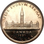 Canada Dollar George VI Royal Visit 1939 Matte speciman KM# 38 FIDE SVORVM REGNAT CANADA 1939 1 DOLLAR coin reverse Canada Dollar George VI Royal Visit 1939 Matte speciman KM# 38 FIDE SVORVM REGNAT CANADA 1939 1 DOLLAR coin reverse