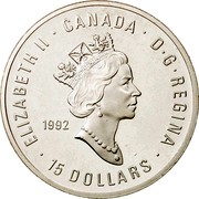 Canada 15 Dollars Olympics 1992 KM# 216 ELIZABETH II ∙ CANADA ∙ D ∙ G ∙ REGINA ∙ 15 DOLLARS ∙ 1992 coin obverse