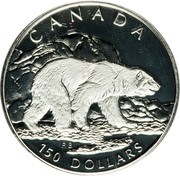Canada 150 Dollars Polar bear 1990 Proof; in sets only KM# 176 CANADA 150 DOLLARS RB coin reverse Canada 150 Dollars Polar bear 1990 Proof; in sets only KM# 176 CANADA 150 DOLLARS RB coin reverse