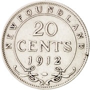 Canada 20 Cents George V 1912 KM# 15 NEW FOUNDLAND 20 CENTS 1912 coin reverse Canada 20 Cents George V 1912 KM# 15 NEW FOUNDLAND 20 CENTS 1912 coin reverse